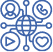 Icon of a globe at the center with connections and four circles with a person, phone, heart, and play icon sigifying Commnications Channels