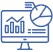 Icon of a computer screen with graphs on it and a floating pie chart signifying Dashboards and Analytics