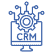 Icon of a screen with letters CRM and a gear with connections signifying an integrated CRM