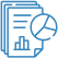 Icon of a report with writing and a chart with a pie chart floating on top signifying Reports