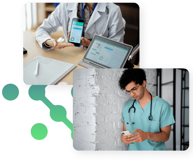 Medical professionals using tablets and laptops to communicate and manage patient records, illustrating a unified inbox solution for clinic efficiency.