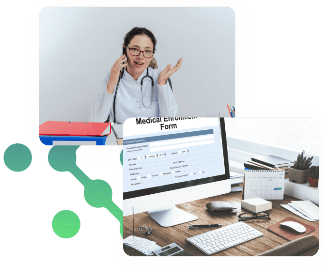 Image with two pictures over the Growth Power Suite logo with the first picture being of a medical staff member at a desk using a mobile phone, and a second image of a desk with a computer screen with a medical form on the screen