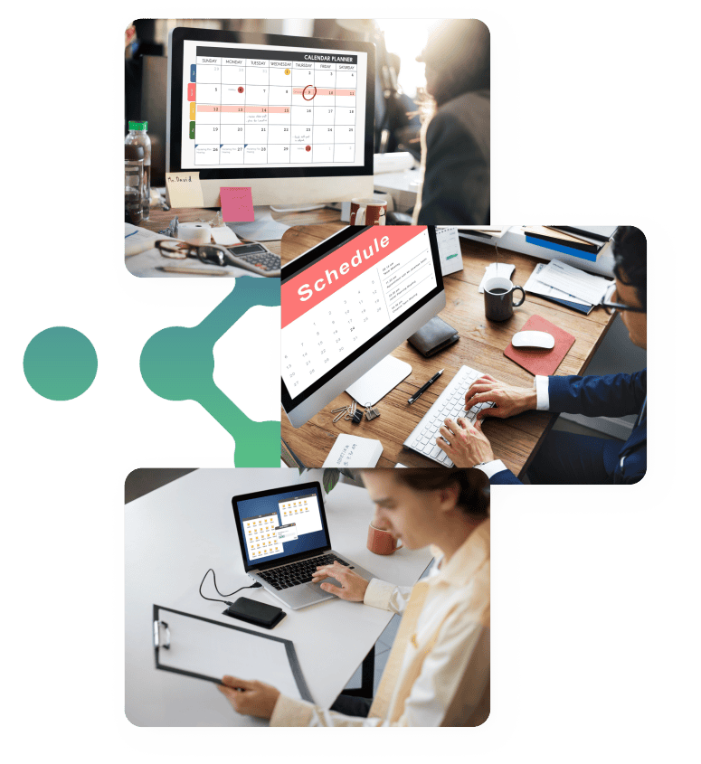 Collage of professionals managing appointments and schedules on multiple devices: a desktop monitor displaying a detailed calendar planner, a laptop showing scheduling software, and a tablet being used to review a checklist, representing efficient appointment management and scheduling solutions.