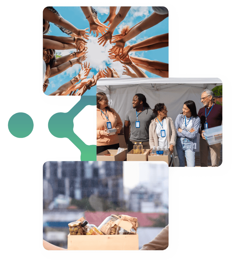 Collage highlighting donation management, featuring a group of hands reaching towards the sky in unity, volunteers at a charity event standing beside donation boxes, and a close-up of filled donation boxes. The image represents community engagement, charitable giving, and the organization of donations for social causes.