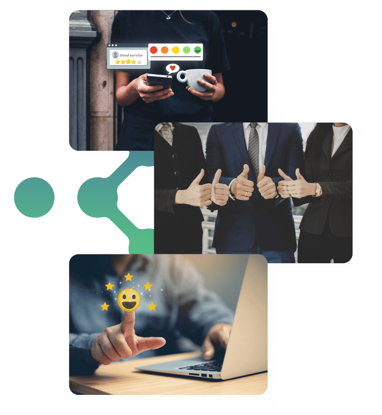 An individual using a smartphone to leave a positive service review with a rating system displayed, while holding a cup. Below, a group of business professionals gives thumbs up to signify approval, and a person interacts with a laptop, giving a 5-star rating with a smiley face symbol.