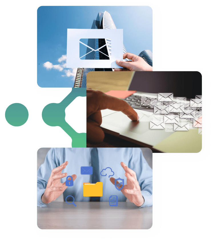 Collage of email communication symbols: a hand holding a digital envelope in front of a cityscape, fingers typing on a laptop with multiple email icons, and a businessman surrounded by floating digital file, email, and cloud icons, representing unified communication channels.