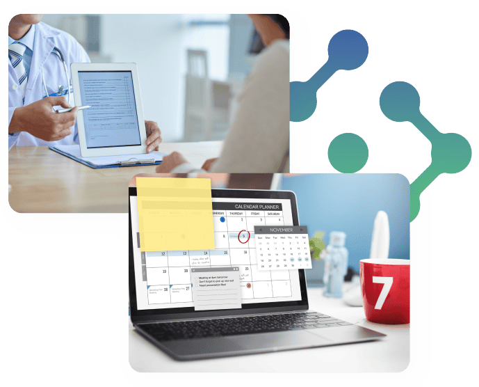 Image of two pictures over the Growth Power Suite logo with the first picture of adoctor showing a patient a tablet with information on it, and a second picture of a laptop with calendar on the screen