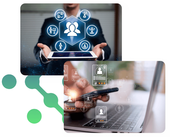 Image of two picture on top of the Growth Power Suite logo with the first picture being of a person in a suit holding a tablet with floating icons over it with and an icon of three people in the center, and a second image of a person hilding a mobile phone in front of a laptop with floating images of contacts on top