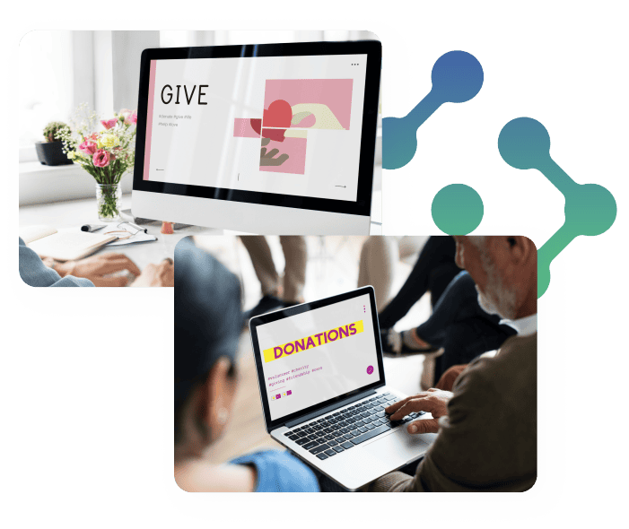 Individuals using computers for online donations, illustrating how community partnerships leverage technology to enhance giving and nonprofit support.
