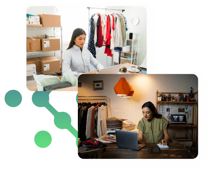 Small business owners managing operations from home offices and workspaces, featuring inventory management, product packaging, and online business solutions for small and medium-sized businesses.
