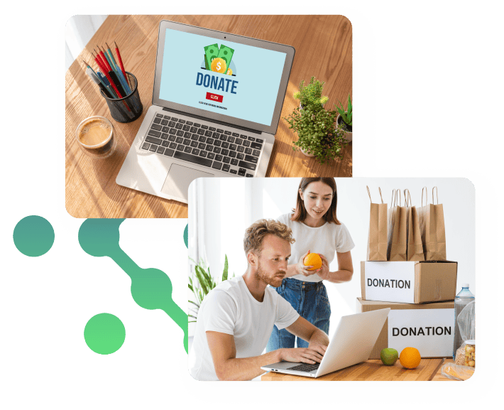 Online donation page on a laptop and volunteers organizing donation boxes, highlighting community support and digital fundraising efforts.