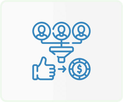 Icon with three contacts icons connected by lines above a funnel with a hand showing thumbs up underneath the funnel next to a circle with dollar sign in the middle signifying Donation Management
