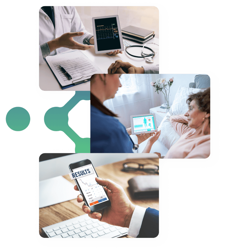 A composite image illustrating patient risk recognition. The top image shows a healthcare professional holding a tablet displaying vital signs, such as heart rate and blood pressure, while discussing results with a patient. The middle image features a nurse showing an elderly woman in bed a digital health report on a tablet, symbolizing patient monitoring and risk assessment. The bottom image depicts a hand holding a smartphone displaying test results, representing the use of mobile technology for patient risk recognition and health tracking.
