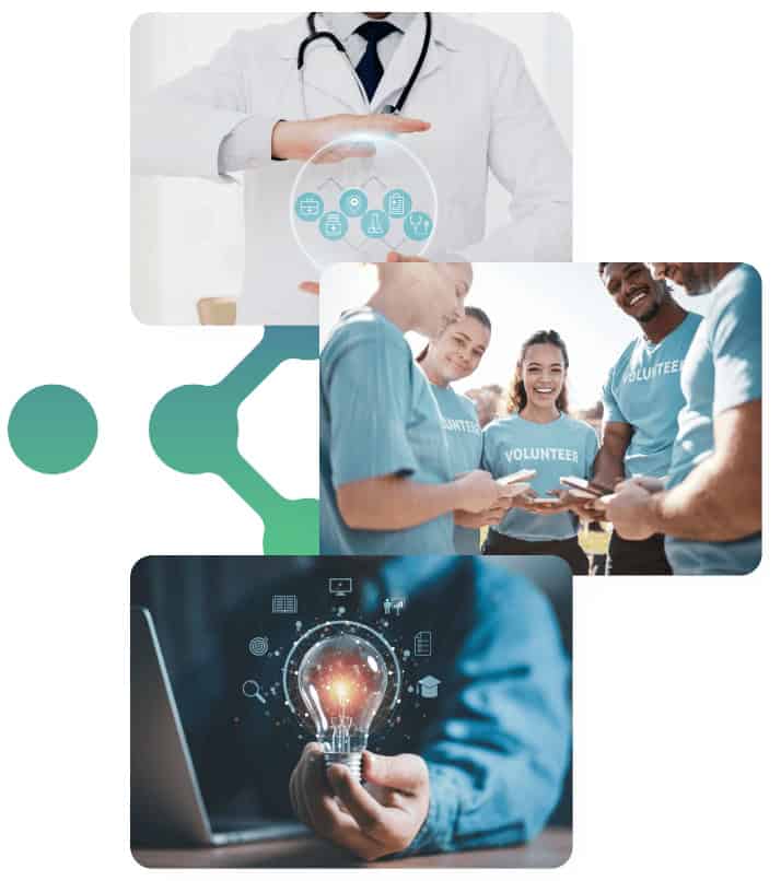Doctor using digital healthcare tools, volunteers collaborating, and a hand holding a glowing lightbulb symbolizing innovative ideas and solutions, representing a blend of healthcare, community support, and technology.