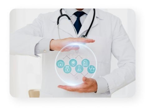 Doctor holding a digital icon display representing healthcare services and innovation, highlighting advanced healthcare solutions.